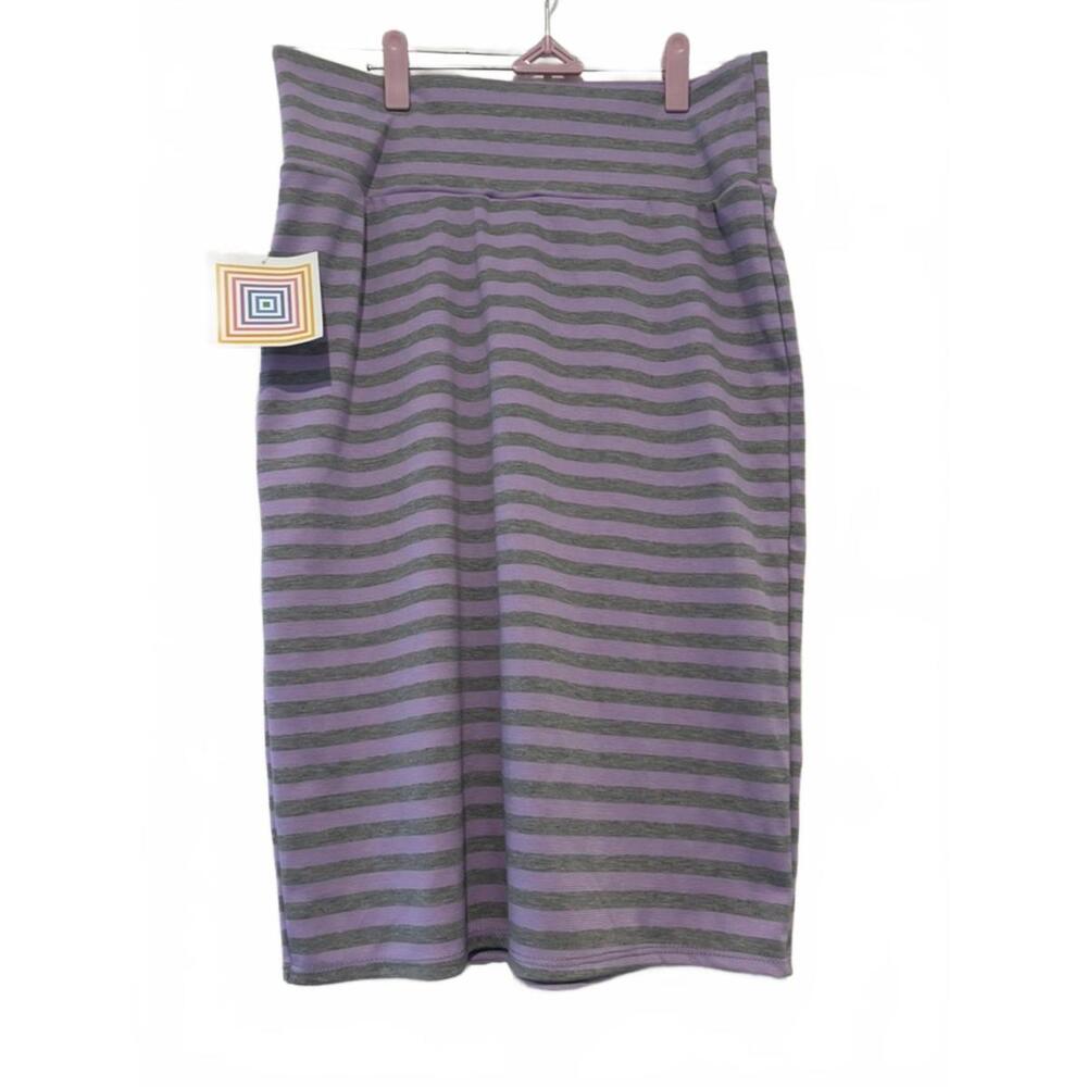Lula Roe‎ L purple/grey stripe stretch knee length skirt new tags #3256